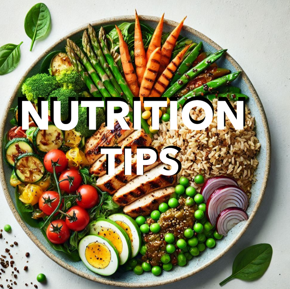 Plate of food with NATRITION TIPS in writing