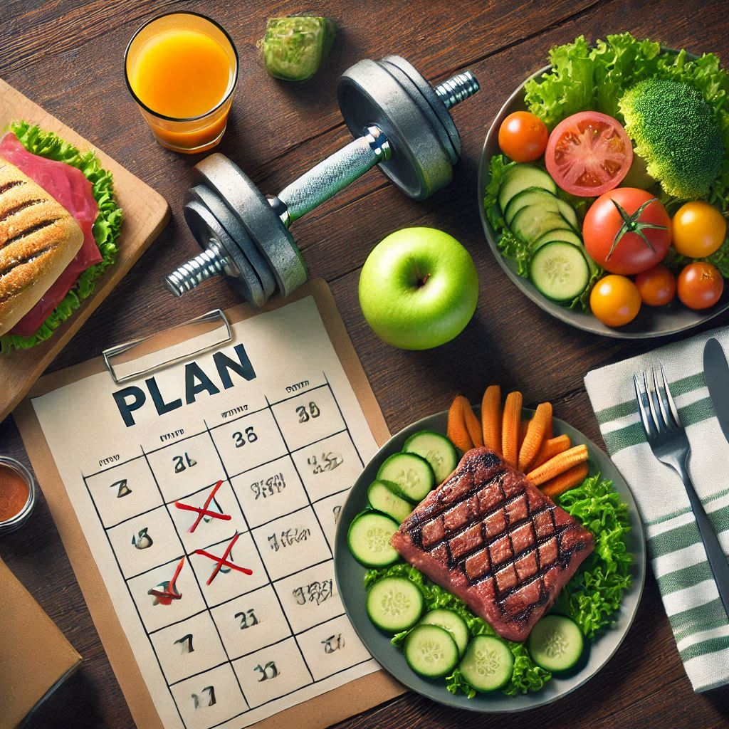 Dumbbell,Plate of food and paper with PLAN wrote on it