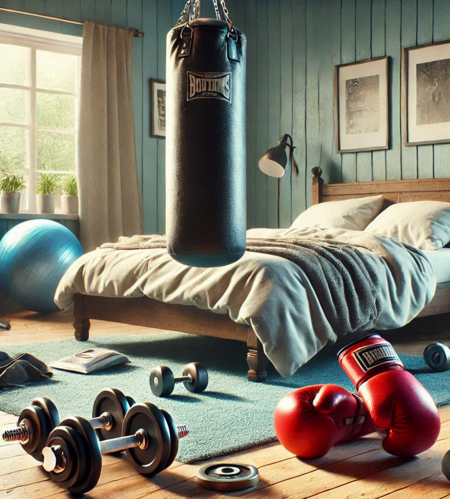 Bedroom with punchbag Dumbbells and bed